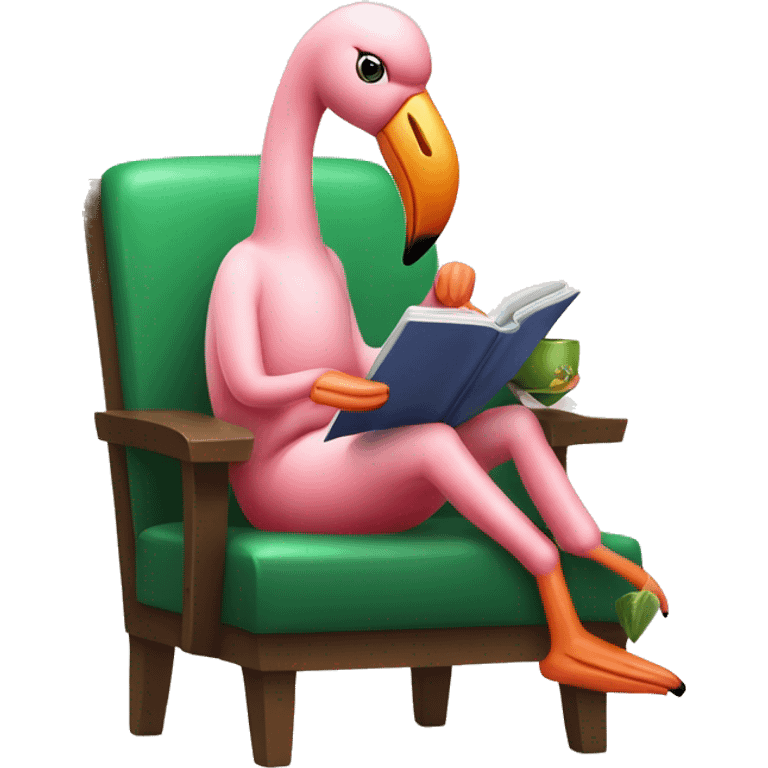 Flamingo sitting on a chair while reading a book and drinking matcha emoji