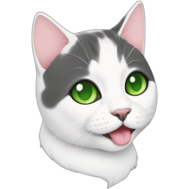 Black and white, cat, fat, green eyes, tongue out, cute emoji