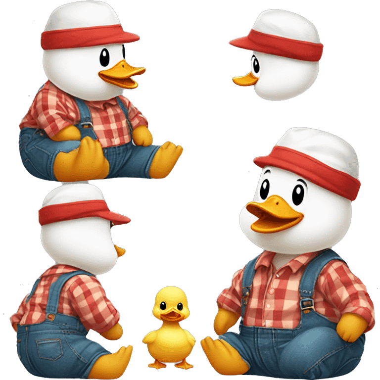 sitting cute fluffy chubby baby duck with hand, wear green hat and red checkered shirt and jeans jumpsuit emoji