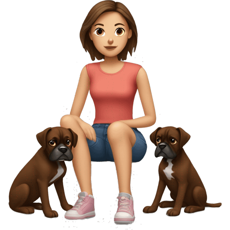 a girl with brown hair, sitting with two dark brown boxer dogs emoji