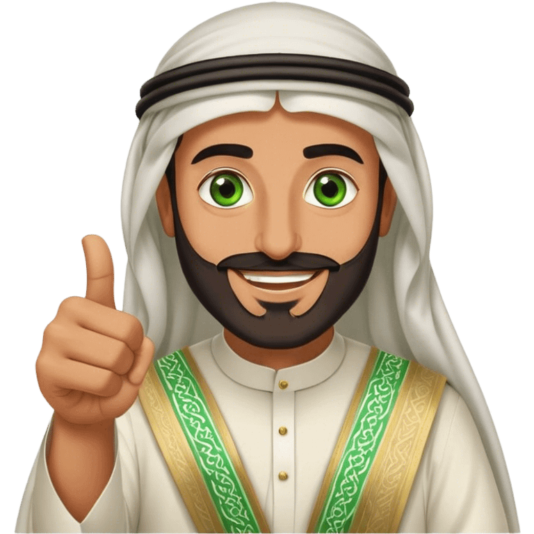 "Tanned Arab Saudi man with green eyes and a beard, wearing an agal and traditional attire, smiling happily and giving a big thumbs-u emoji