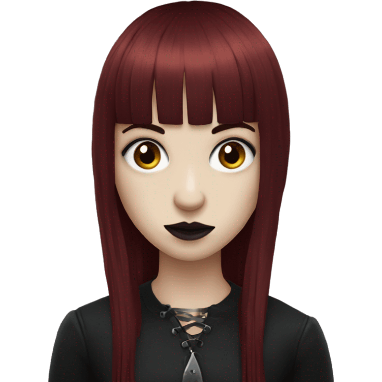 goth girl that has porcelain skin and Long Dark Red hair and has fringe bangs emoji