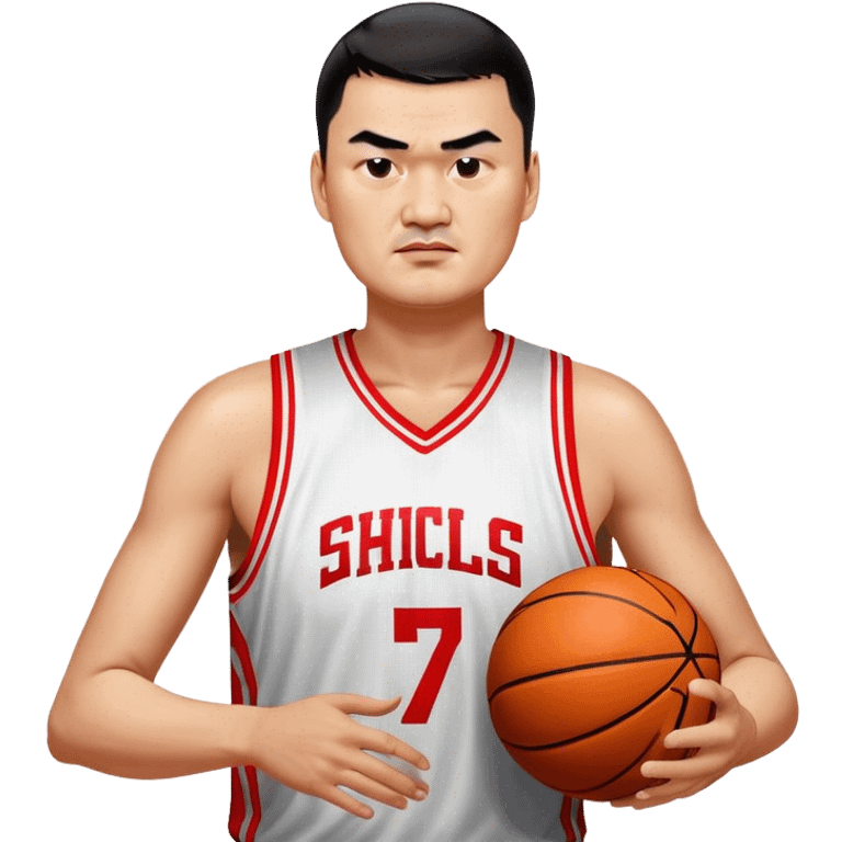 Yao Ming – Cinematic Realistic Portrait of Yao Ming, depicted as a towering basketball icon in a modern uniform, with a gentle yet determined expression and dynamic arena lighting that highlights his immense stature and graceful athleticism. emoji