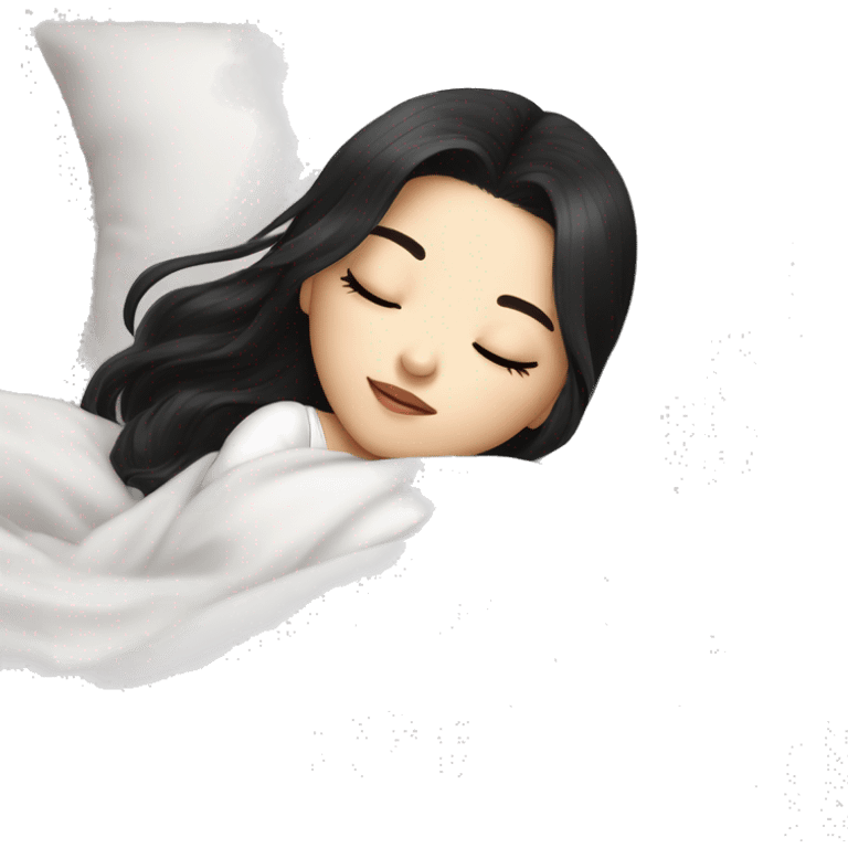 asian cute girl with long beauty black hair sleeping laying down on her side with white blanket and pillow visible and make it look comfy emoji