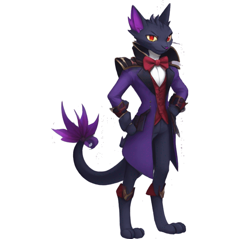 cool anthro evil black purple red ethereal fantasy nargacuga-Noivern-cat-Fakemon collar harness bow tie and bracers full body emoji