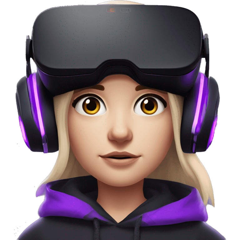 Russian girl wearing black hoody with violet letters "OMG", in vr headset oculus quest2. Standing like jedi. Cyberpunk style. Violet neon. emoji