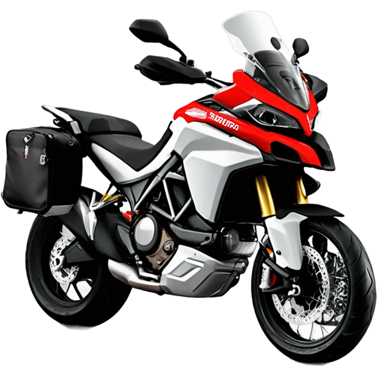 Moto de enduro Ducati multistrada roja y negra con bolsas laterales y bolsa trasera. Piloto con casco abierto gris. Vista frontal emoji