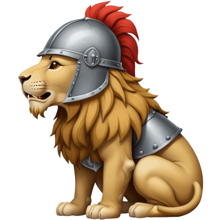 crouching lion in profile with medieval full face helmet emoji