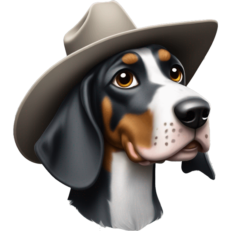 Black and white bluetick coonhound wearing a cowboy hat  emoji