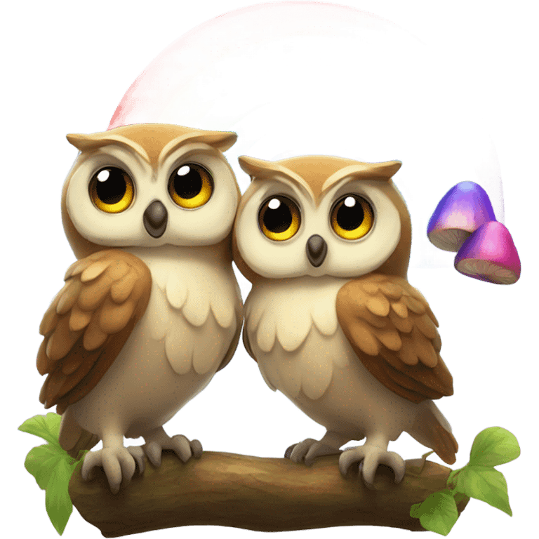 Two owls excited about a lot of rainbow mushrooms  emoji