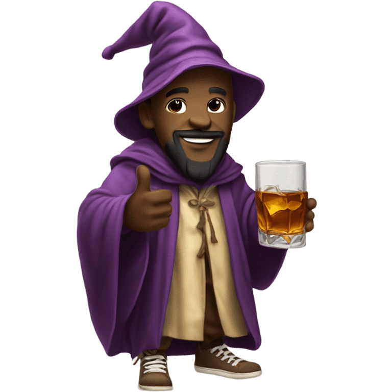 A wizard wearing wavy robes and Jordan sneakers drinking a glass of whiskey in the rain emoji