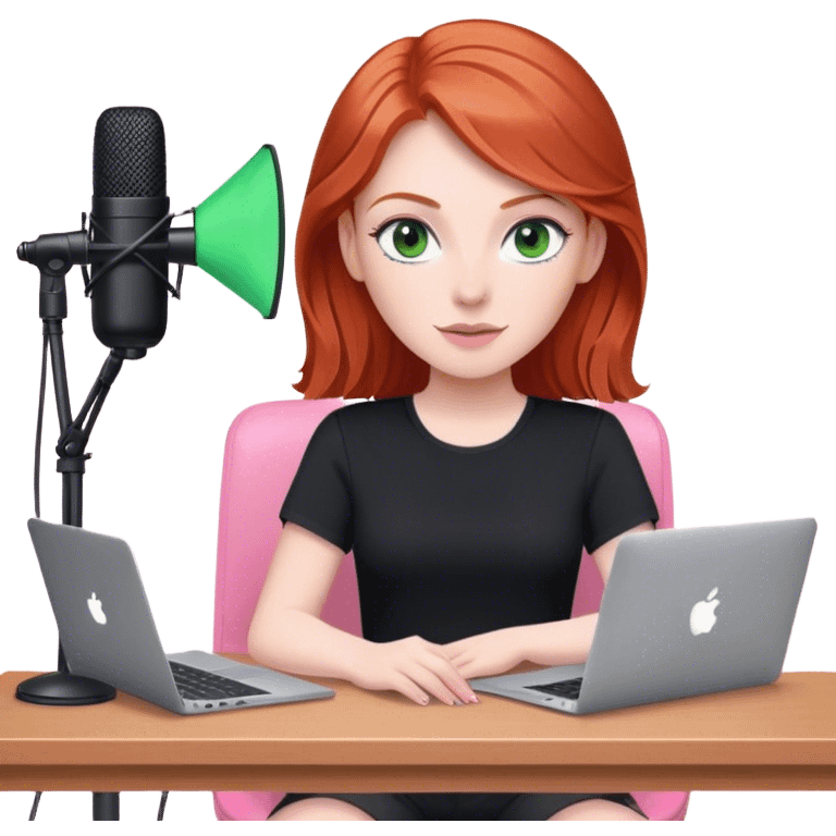 Redhead with green eyes sat at desk with pink MacBook and  podcast microphone black top and pink chair  emoji