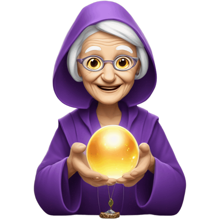 Wise Old Lady Fortune teller with crystal ball looking into the camera smiling emoji