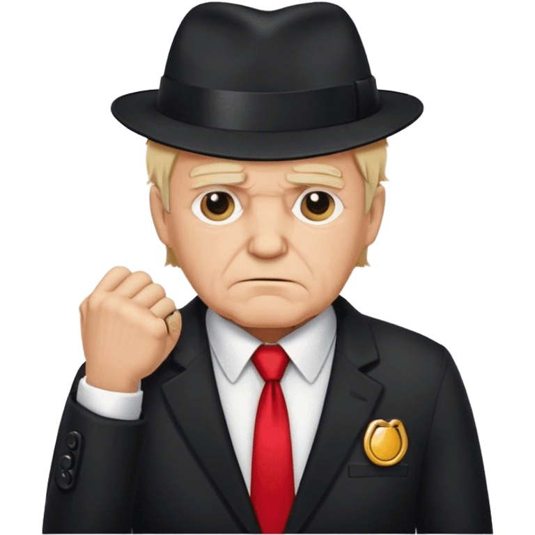 Generate me a white old man with blonde hair in a black suit and white shirt with a red tie. Put him in handcuffs. He should be wearing a red hat and frowning emoji