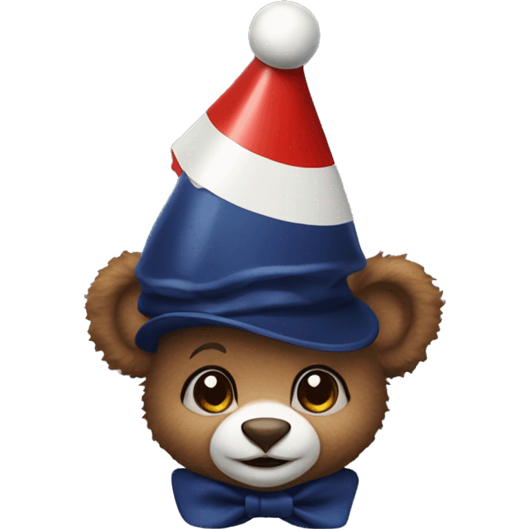 Brown baby bear. Wearing jester collar and a clown hat. The clown accessories are Navy and red and white. emoji