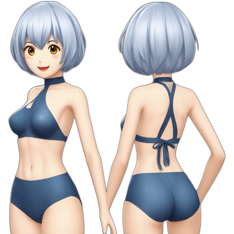 realistic full body rei ayanami nue short hair teen back and front views bikini emoji