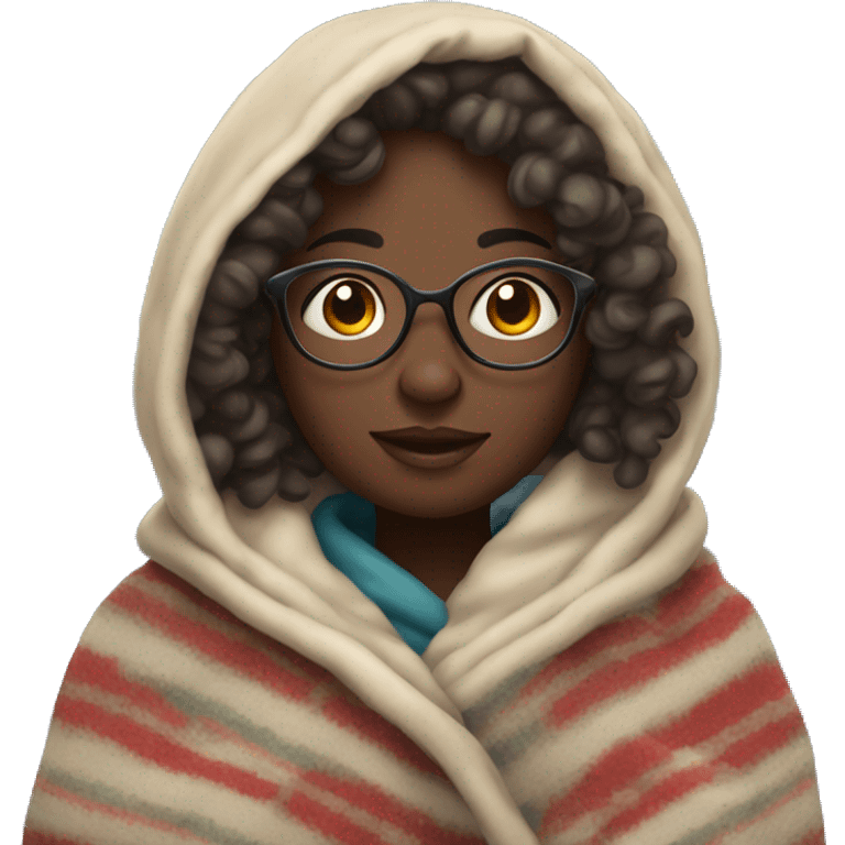 Dark skin girl with curly hair and glasses bundled up in a blanket  emoji