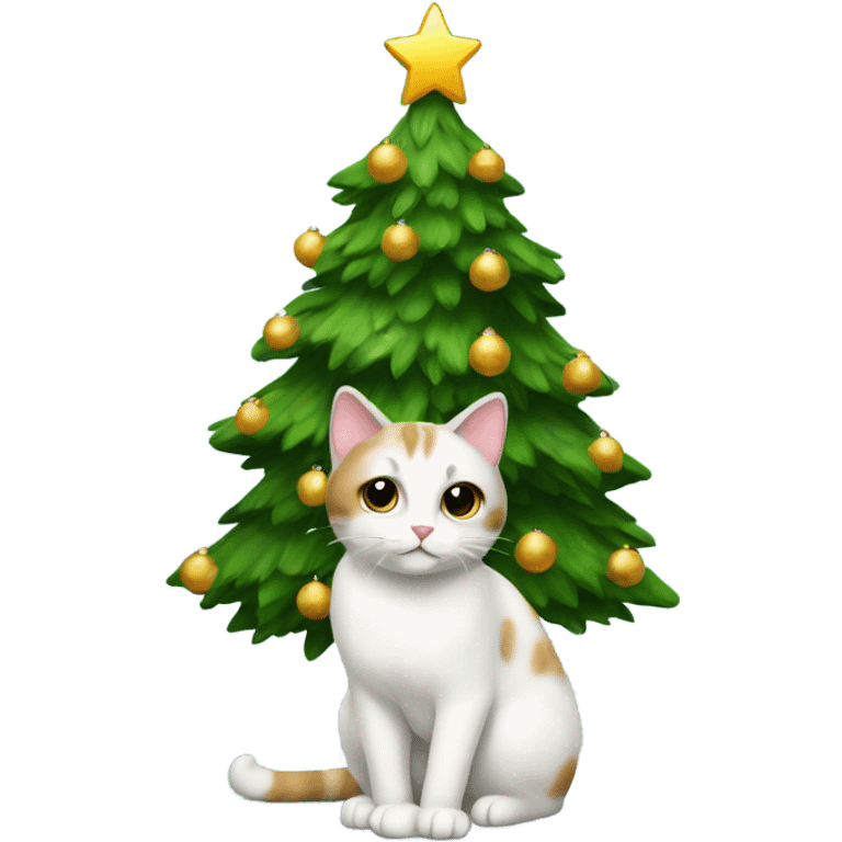 Christmas tree with white cat with brown spots underneath  emoji