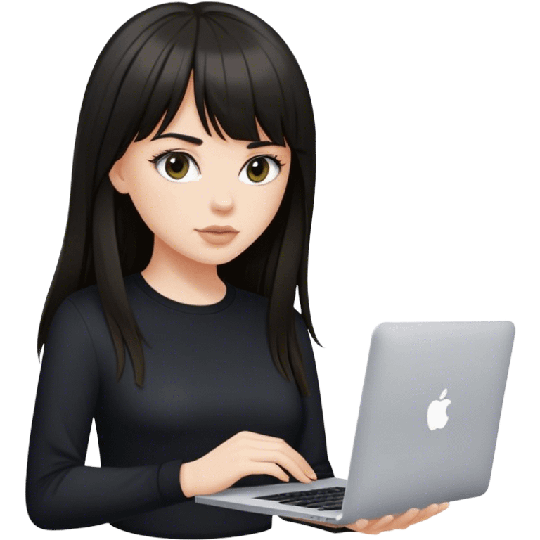 Beautiful white girl with dark long hair with bang in black shirt with MacBook  emoji