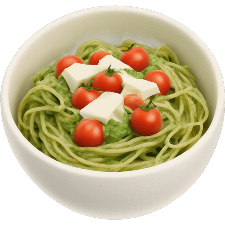 A big bowl with spaghetti with green pesto with mozarella chunks and tomatos emoji