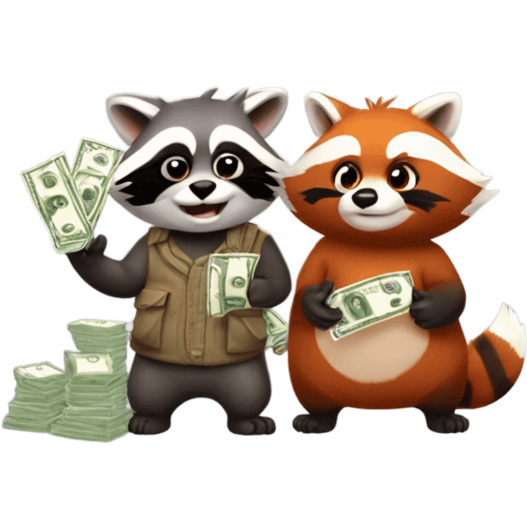 1 male raccoon and 1 female red panda not wearing clothes each holding a bag of cash emoji