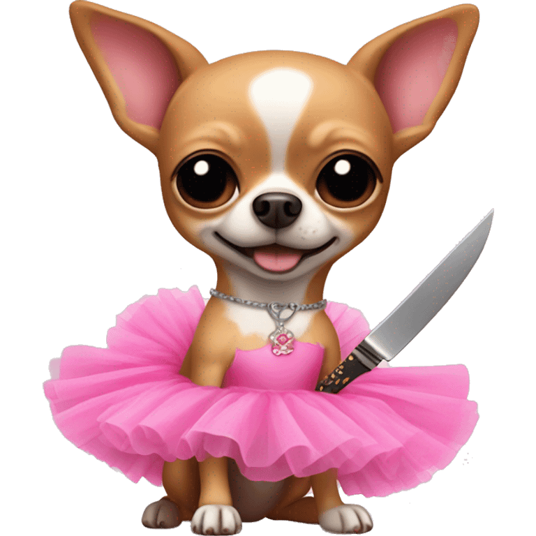 Chihuahua wearing a pink tutu holding a knife emoji