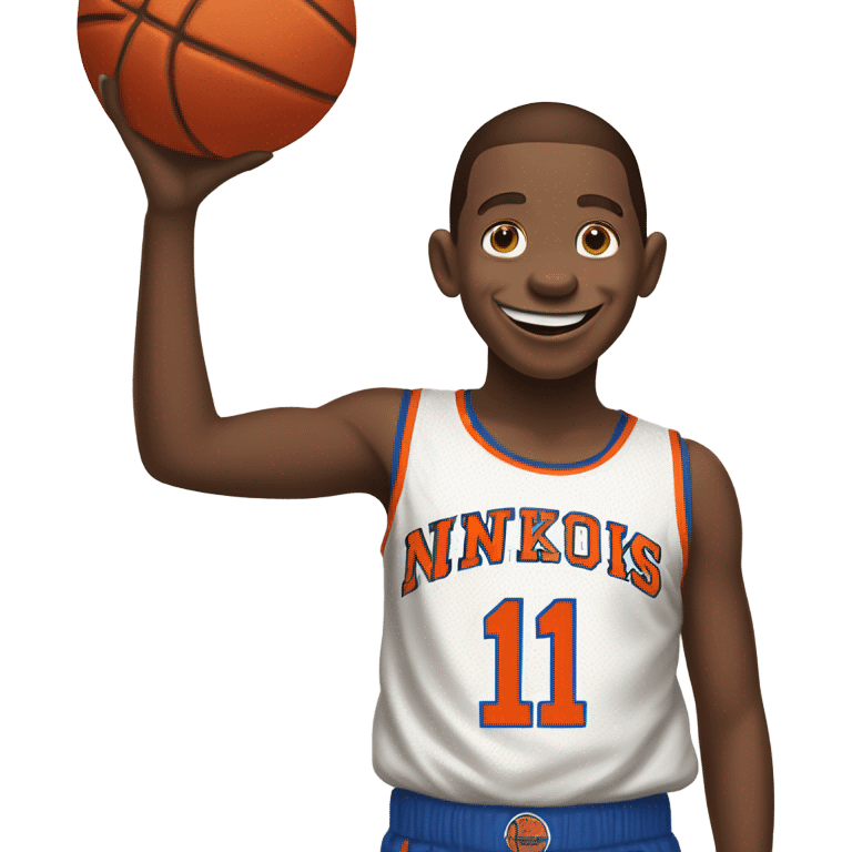 Young Curious George wearing a knicks jersey number 11, holding a basketball  emoji