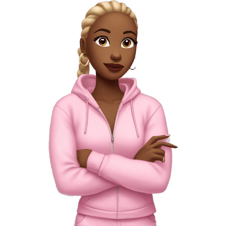 Girl emoji: pink tracksuit, hoop earrings, pink lips, lashes, nails. Poses: peace sign, nails, phone, arms crossed. full body standing emoji