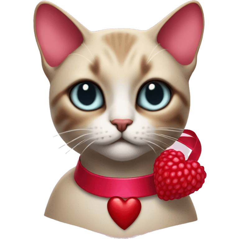 Raspberry coloured heart with red ribbon and siamese cat wars emoji