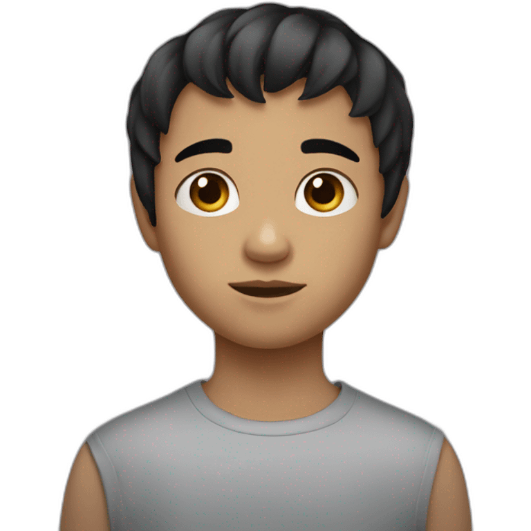 boy with short black hair and black eyes and has a little long bangs around eleven years old emoji