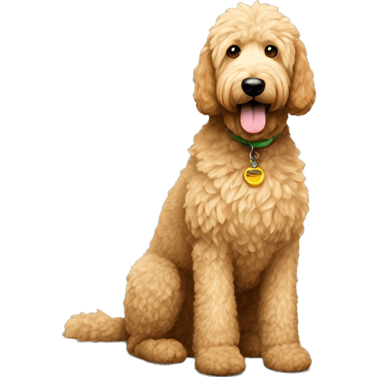 full body large sitting golden doodle with light fur and hazel-green eyes emoji