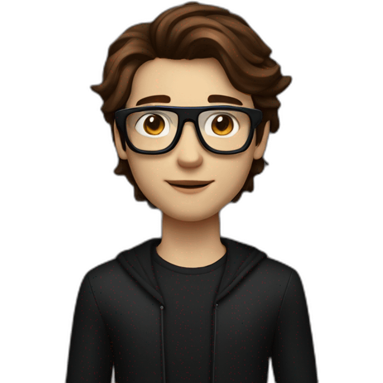 A 19 year old guy, with stylish brown hair, wearing futuristic spatial computing glasses, in a black outfit with dark red accents emoji