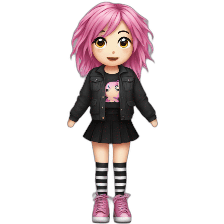 Front view curvy emo girl pink hair sits on the floor straight view hands up black skirt striped torn stockings emoji