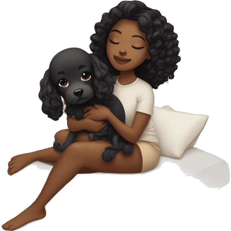 Black girl , black straight hair curled up in bed with a puppie emoji