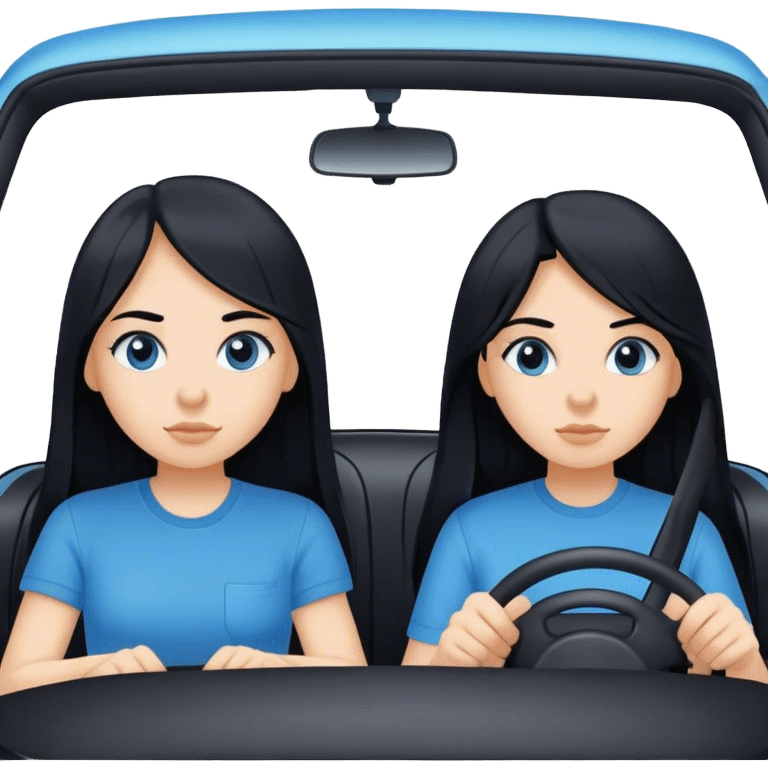 Two girls both with black long hair one with a blue shirt one with a black shirt in a white car driving to a destination emoji