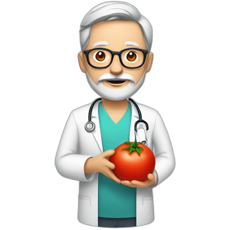 DOCTOR WITH WRINKLES, MAN, FULL GREY BEARD, GREY AND WHITE SHORT HAIR, DARK RED GLASSES, holding a tomato on his palm emoji