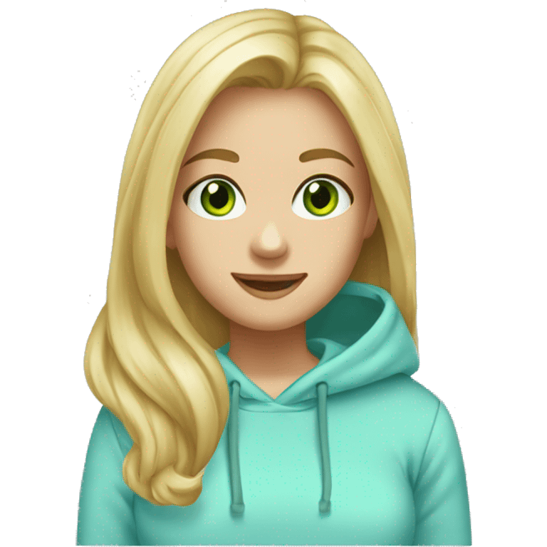 Girl Blonde liss hair at shoulders, green eyes, sonrisa, light blue hoddie emoji