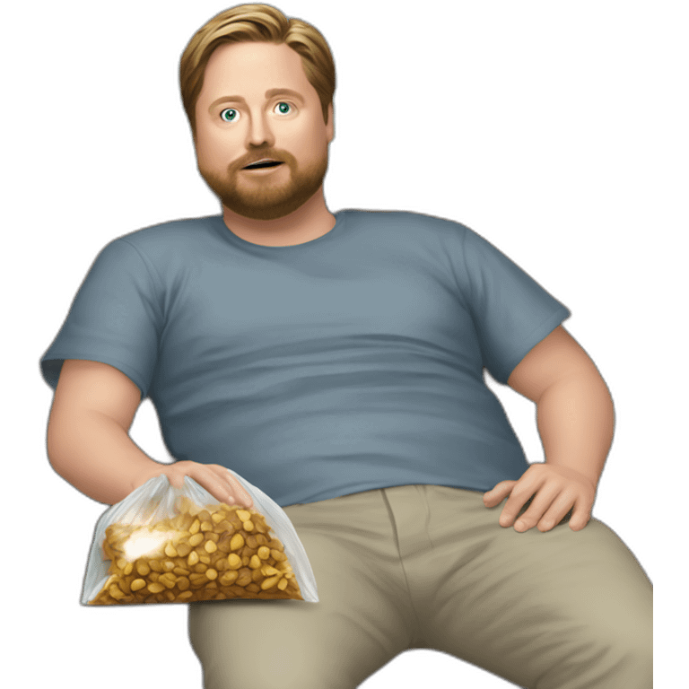 tim heidecker with a beard lazy lounging on couch holding a plastic ziploc bag of walnuts emoji