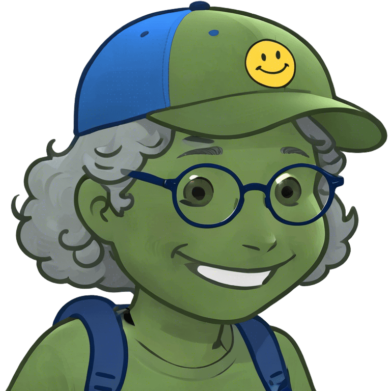 a female, yellow faced emoji, simple style, big smile, winking, blue ball cap on backwards, cartoon, curly grey hair, no eye color, glasses emoji