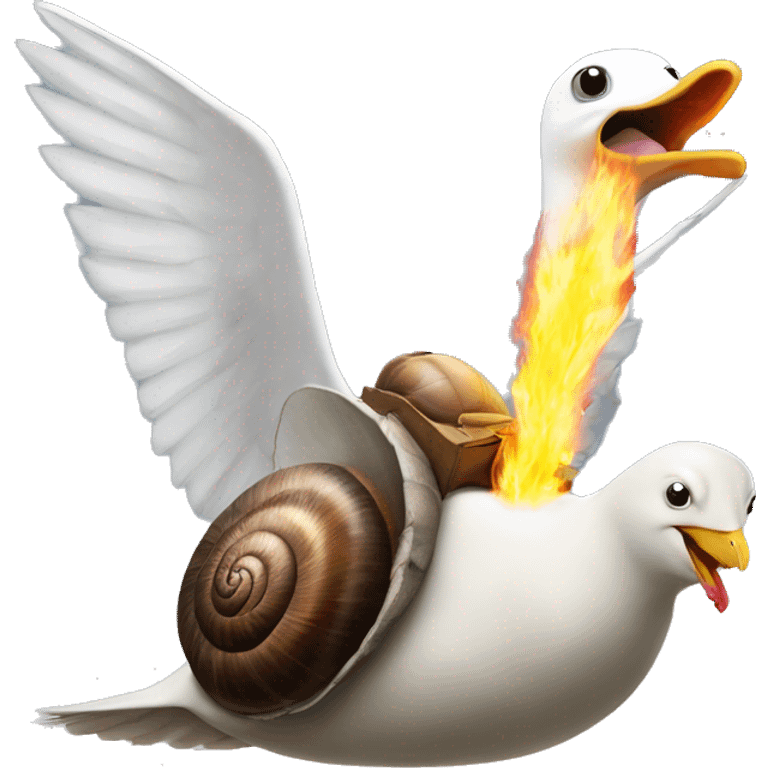 snail riding a seagull with a flamethrower emoji