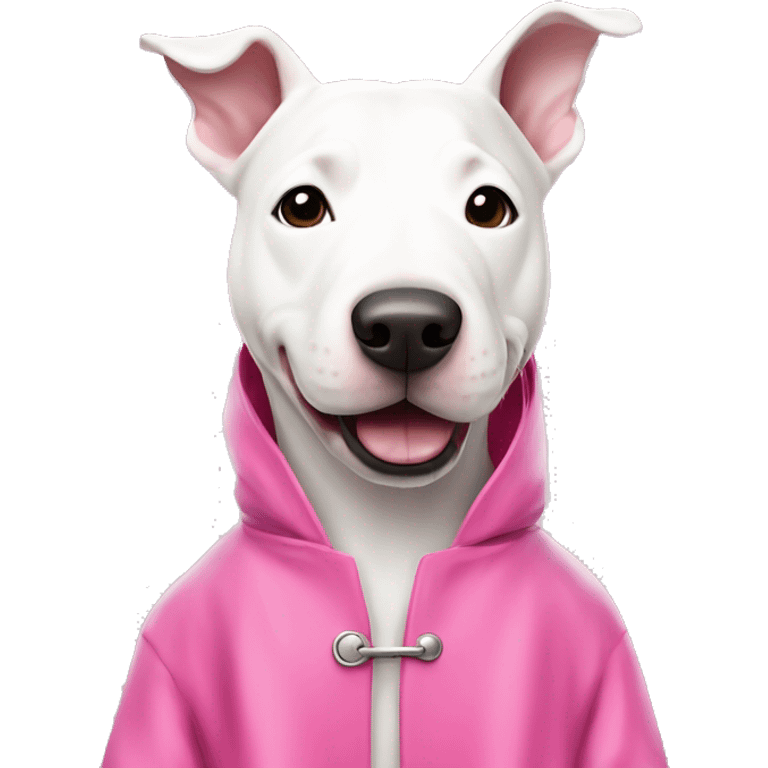 White Bull terrier in pink rain coat emoji