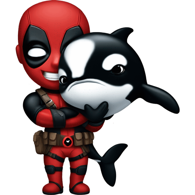 Deadpool holding a baby orca emoji