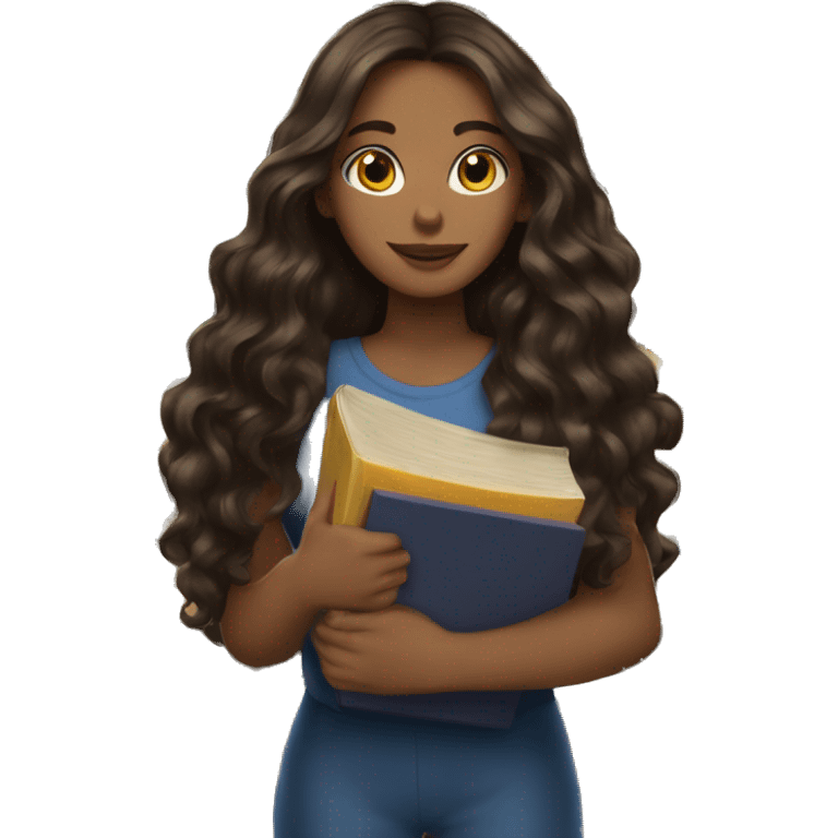 dark brown long wavy hair holding books woman emoji