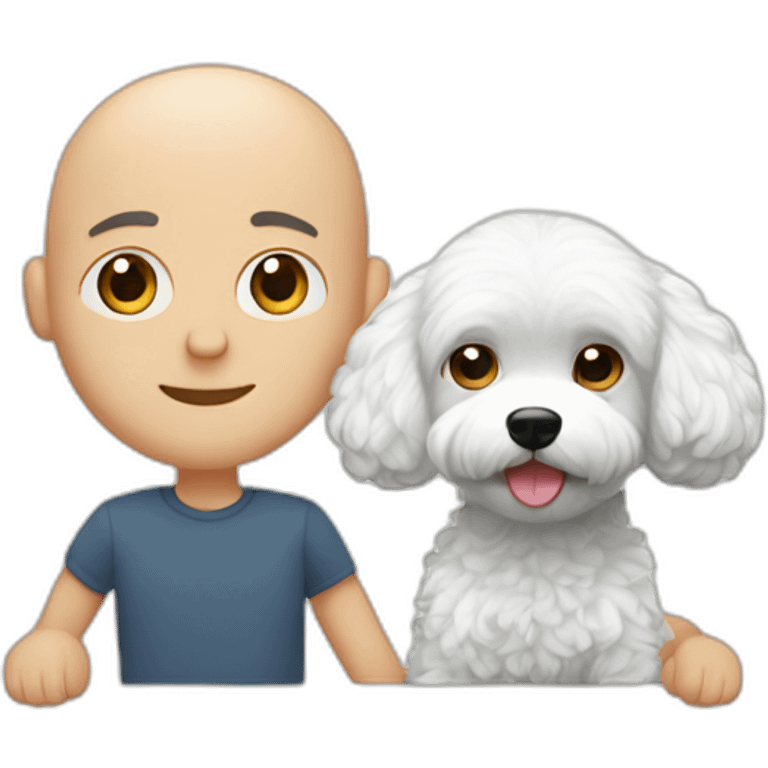 A bald man and long haired couple holding white maltipoo emoji