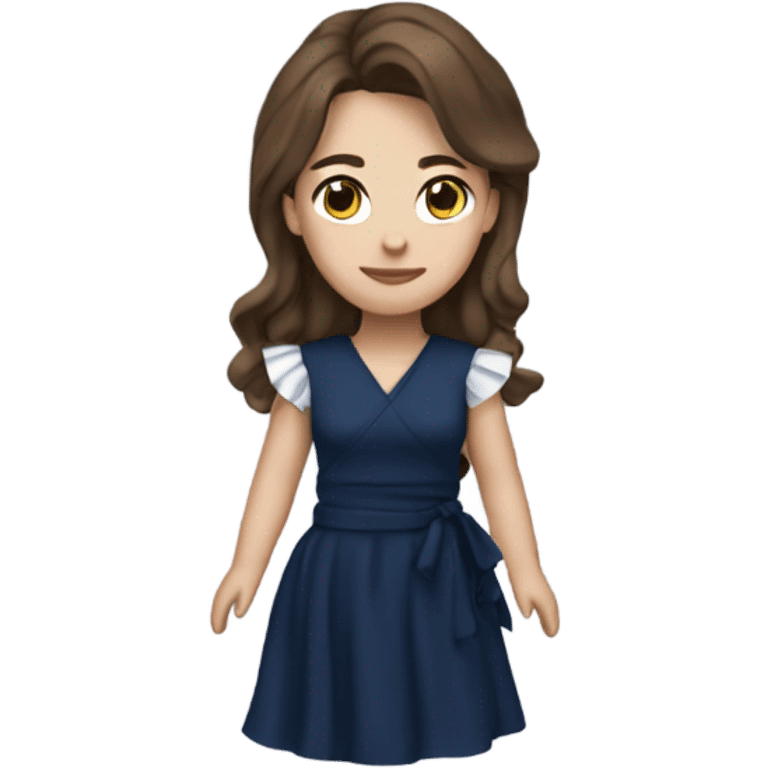 White girl with brown hair dark blue ruffle sleeve wrap dress full body emoji