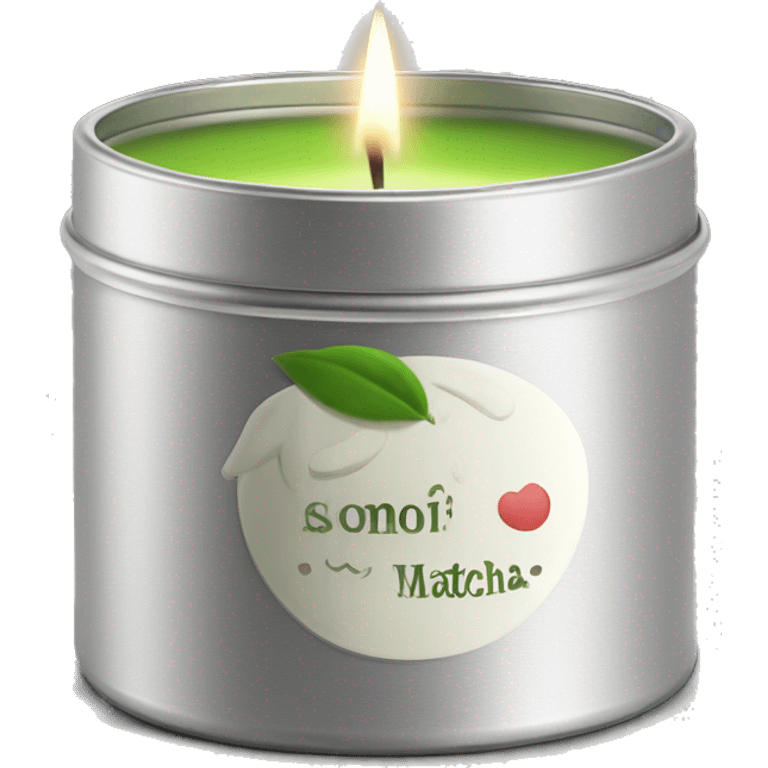 small pretty matcha scented candle in silver tin with label realistic emoji