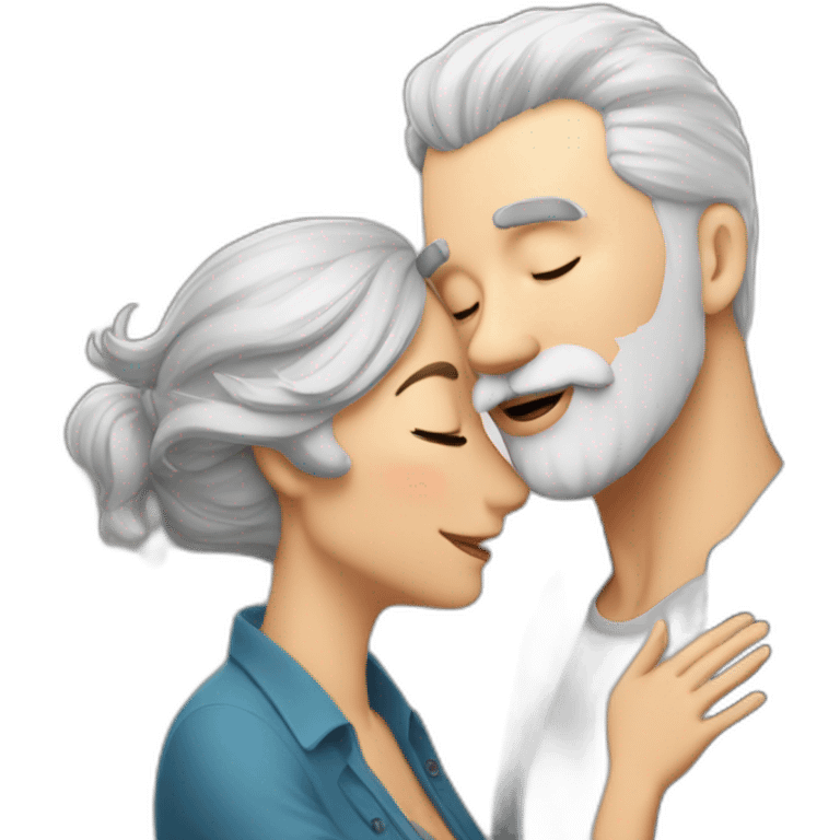 Man with gray hair and white beard kisses a woman with dark brown hair emoji