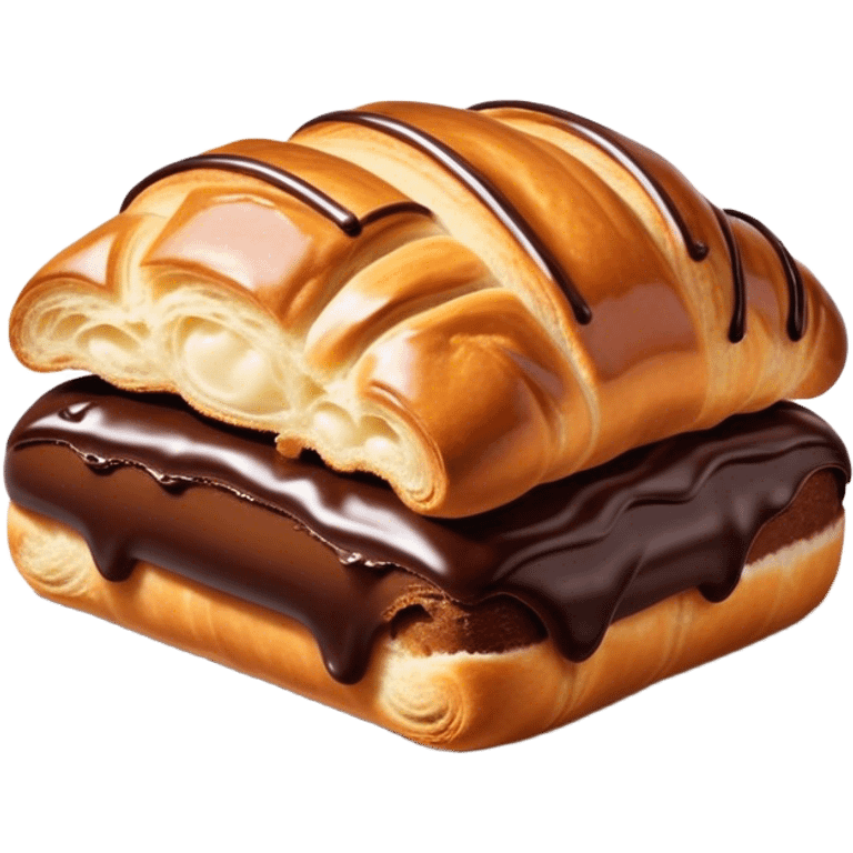 Cinematic warm pain au chocolat, flaky golden-brown pastry with a rich chocolate filling peeking through, perfectly crisp exterior, soft glowing highlights, inviting and indulgent. emoji