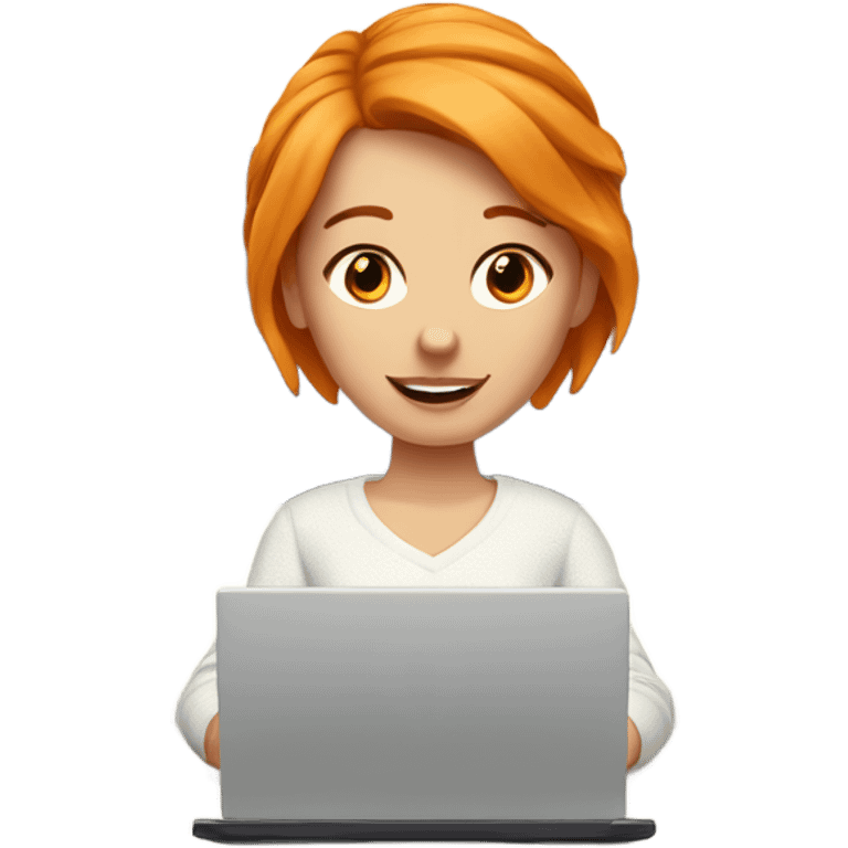 Orange-haired white girl in white sweater working on a laptop in a cozy bed emoji