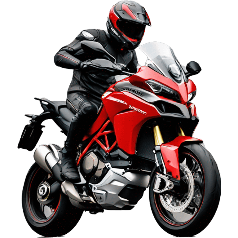 Bold man without beard on red Ducati Multistrada in wheelie position emoji